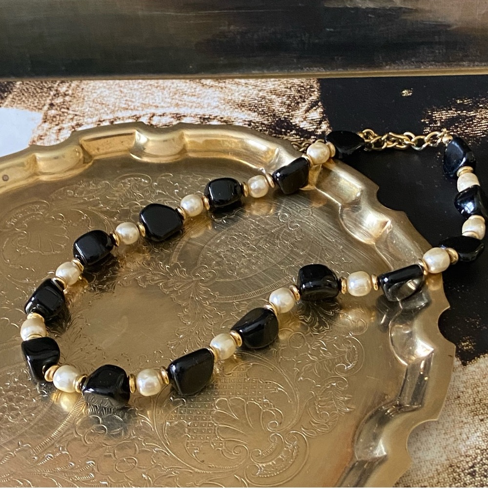 Vintage St John pearl and Black Enamel Necklace
